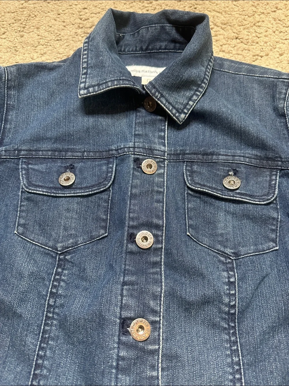 Chico’s PLATINUM  DENIM Dark Blue Denim Jacket SIZE 0